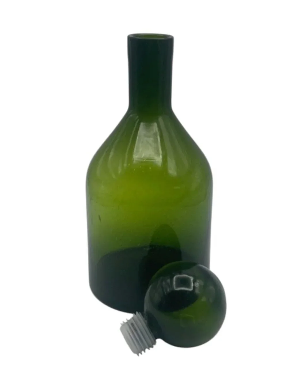 Vintage MCM Large Bottle Green Glass Bubble Decanter 11” w/ Ball Stopper Italy